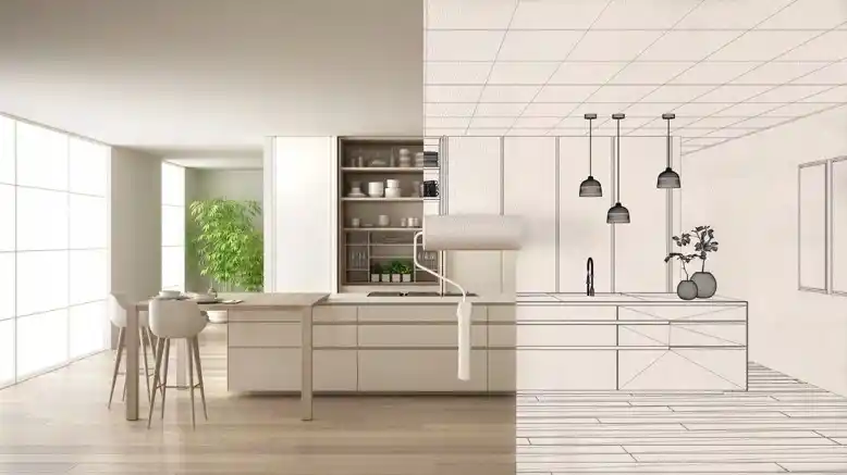 Split-screen visualization showing a concept sketch transforming into a finished luxury kitchen, showcasing the turnkey design and build capabilities of a leading interior fitout company in Dubai.