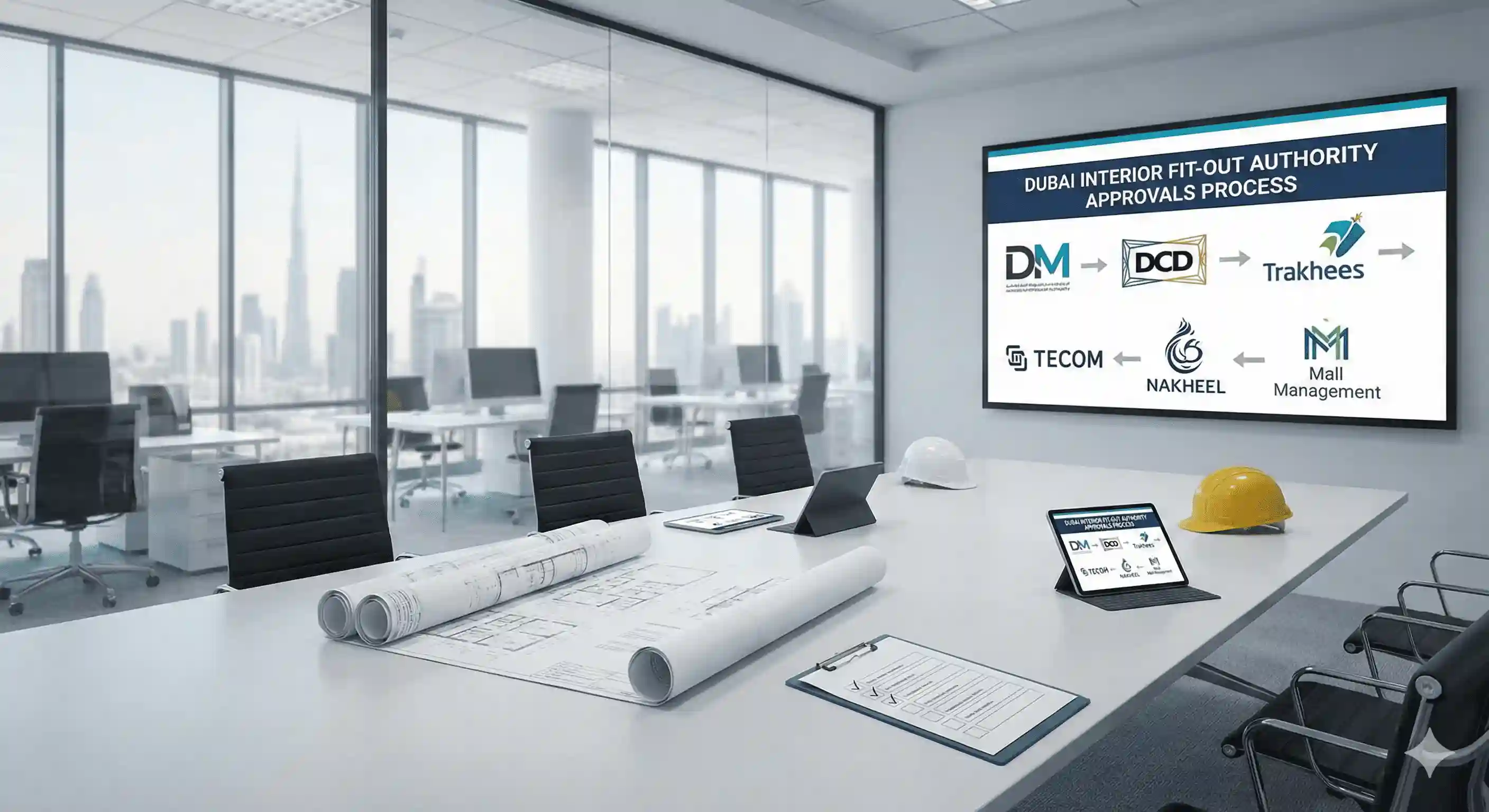 Conference room in Dubai with a screen displaying the 'Dubai Interior Fit-Out Authority Approvals Process' flowchart, showing logos for DM, DCD, Trakhees, TECOM, Nakheel, and Mall Management. Blueprints, a tablet with the flowchart, a checklist, and hard hats are on the table, with the Dubai skyline visible in the background.