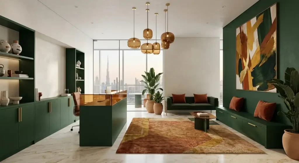 Bold colour accent interior design in a Dubai commercial space — deep forest green feature wall and gold details, 2026 trend