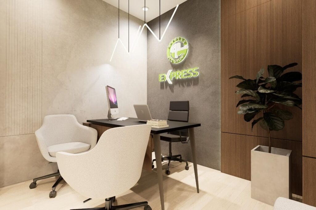 Express Office fit-out with lighting and workstations on Sheikh Zayed Road, Dubai