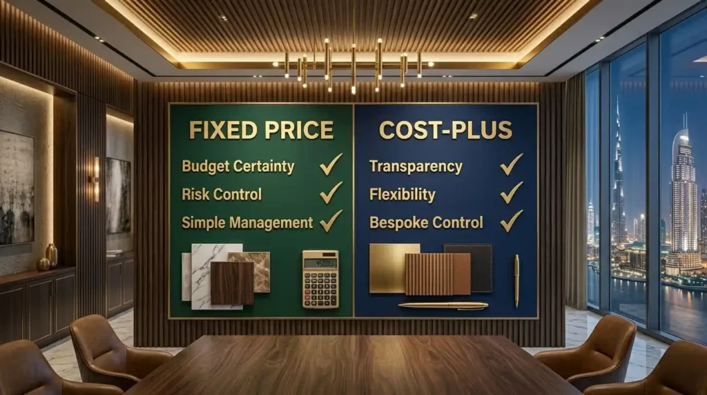 Fixed price vs cost-plus interior fit-out contract comparison — head-to-head Dubai 2026 guide