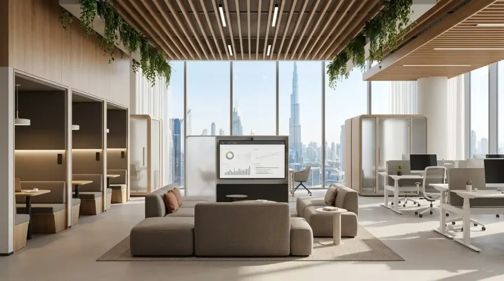 Flexible hybrid office interior fit-out in Dubai — modular workspaces and acoustic pods for 2026 workplace design
