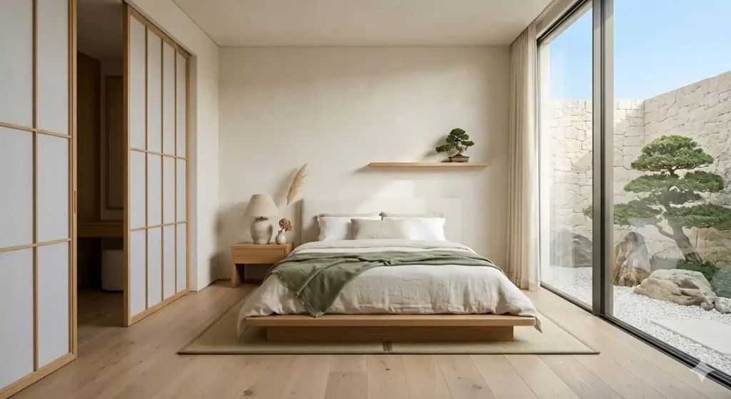 Japandi interior design in a Dubai luxury villa — wabi-sabi minimalism meets Scandinavian warmth, 2026 fit-out trend