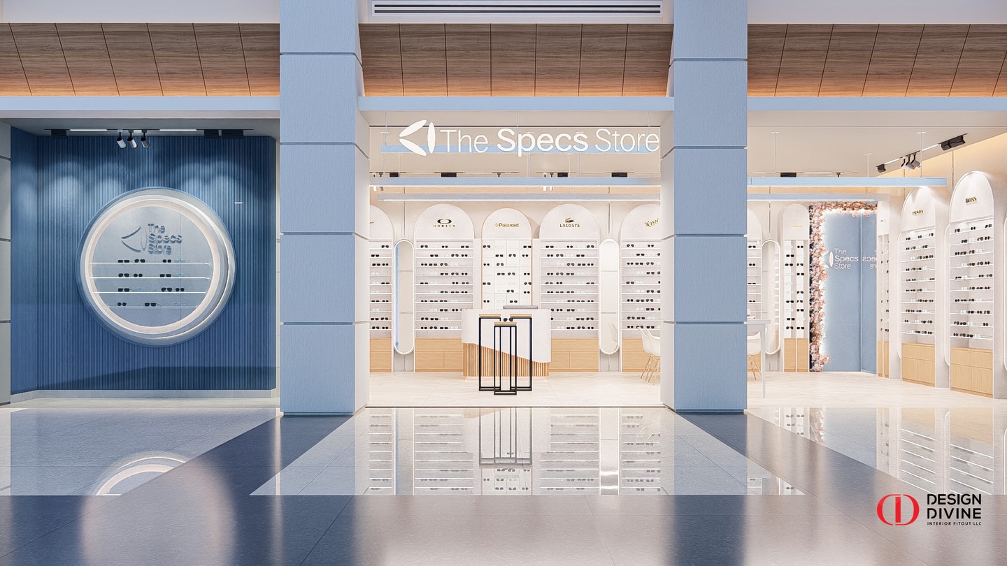Optical store arched display units retail fitout Dubai