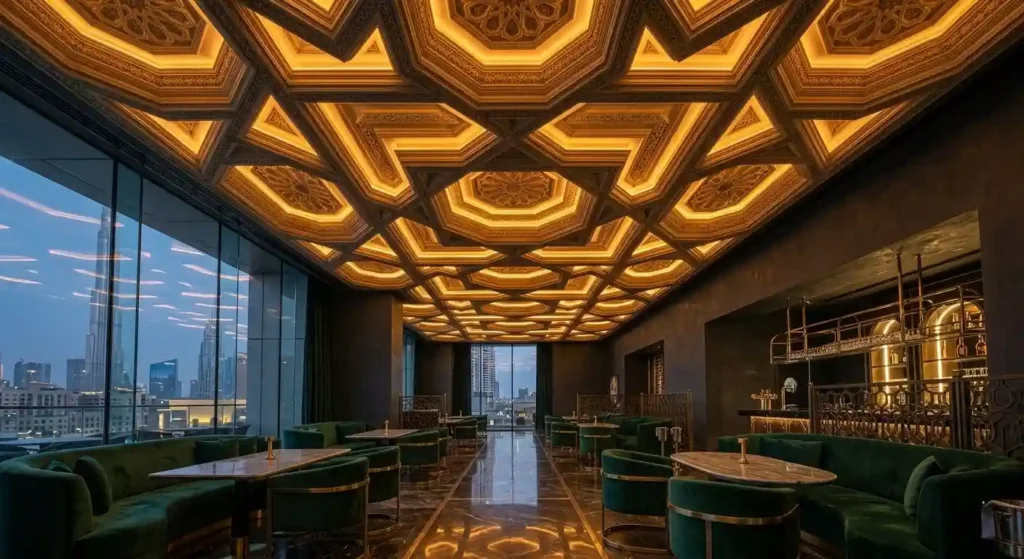 Statement coffered ceiling with LED lighting in a luxury Dubai restaurant interior — interior fit-out contractors Dubai 2026