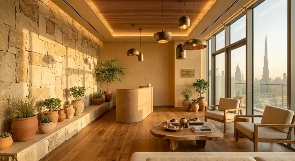 Sustainable interior fit-out materials in a Dubai commercial space — locally sourced stone, FSC timber and recycled brass fixtures