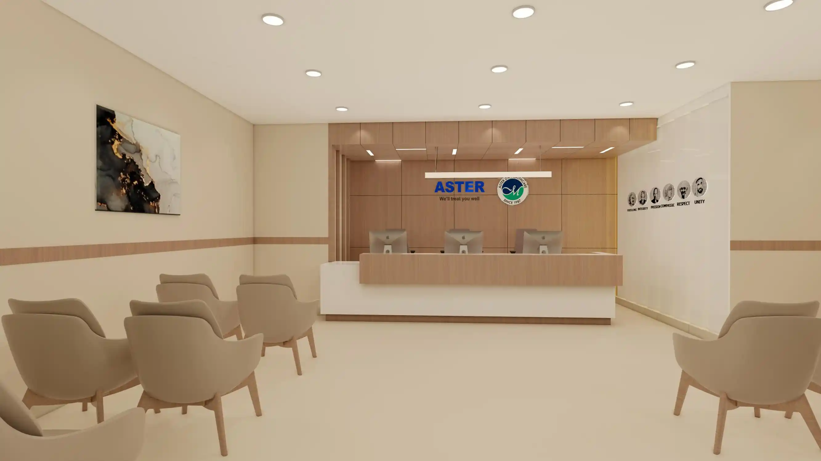 Patient waiting area with seating and reception desk at Aster Clinic Dubai interior fit-out by Design Divine