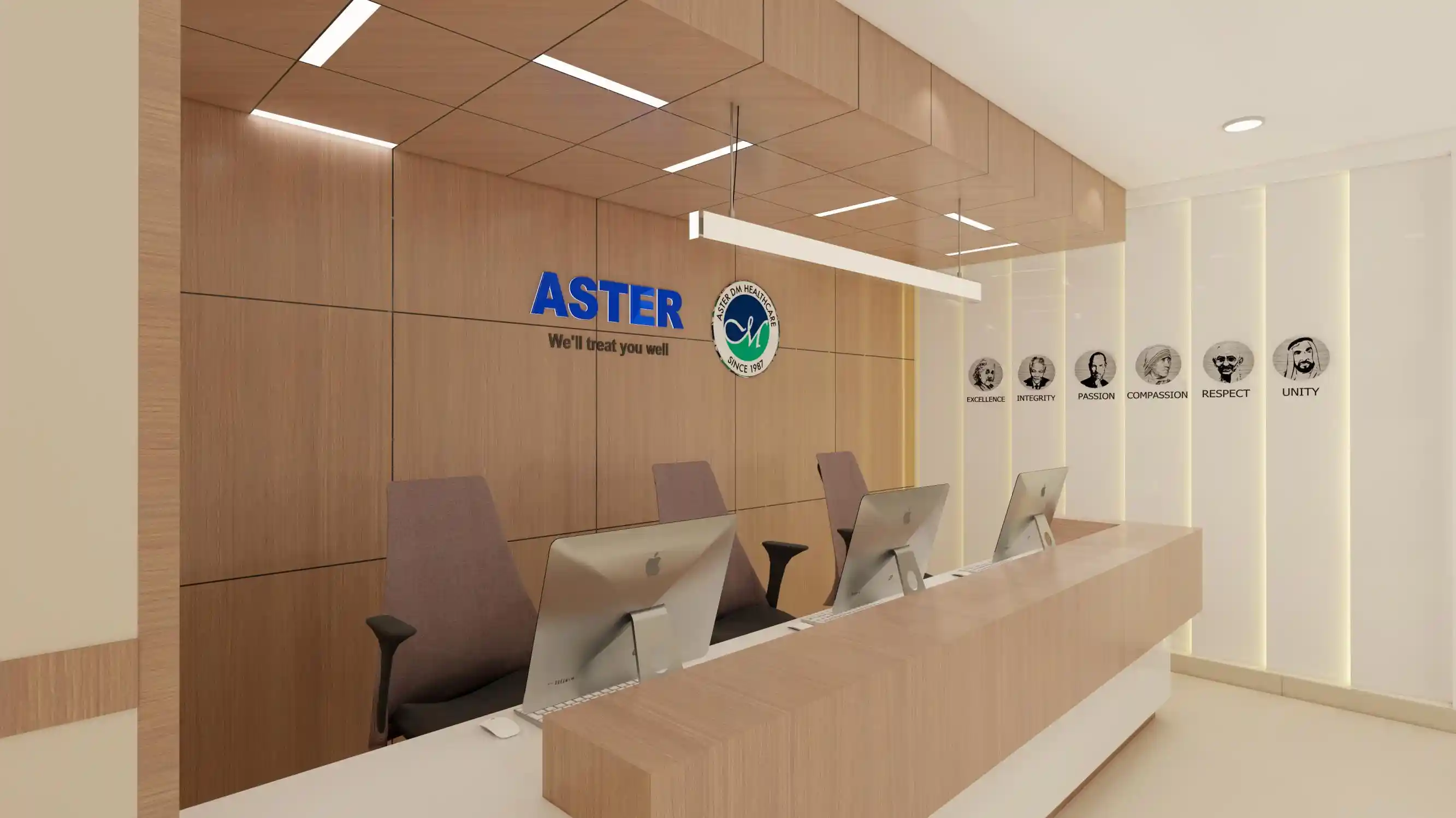 Aster Clinic reception area interior design in Al Qusais Dubai by Design Divine with modern counter and clean layout