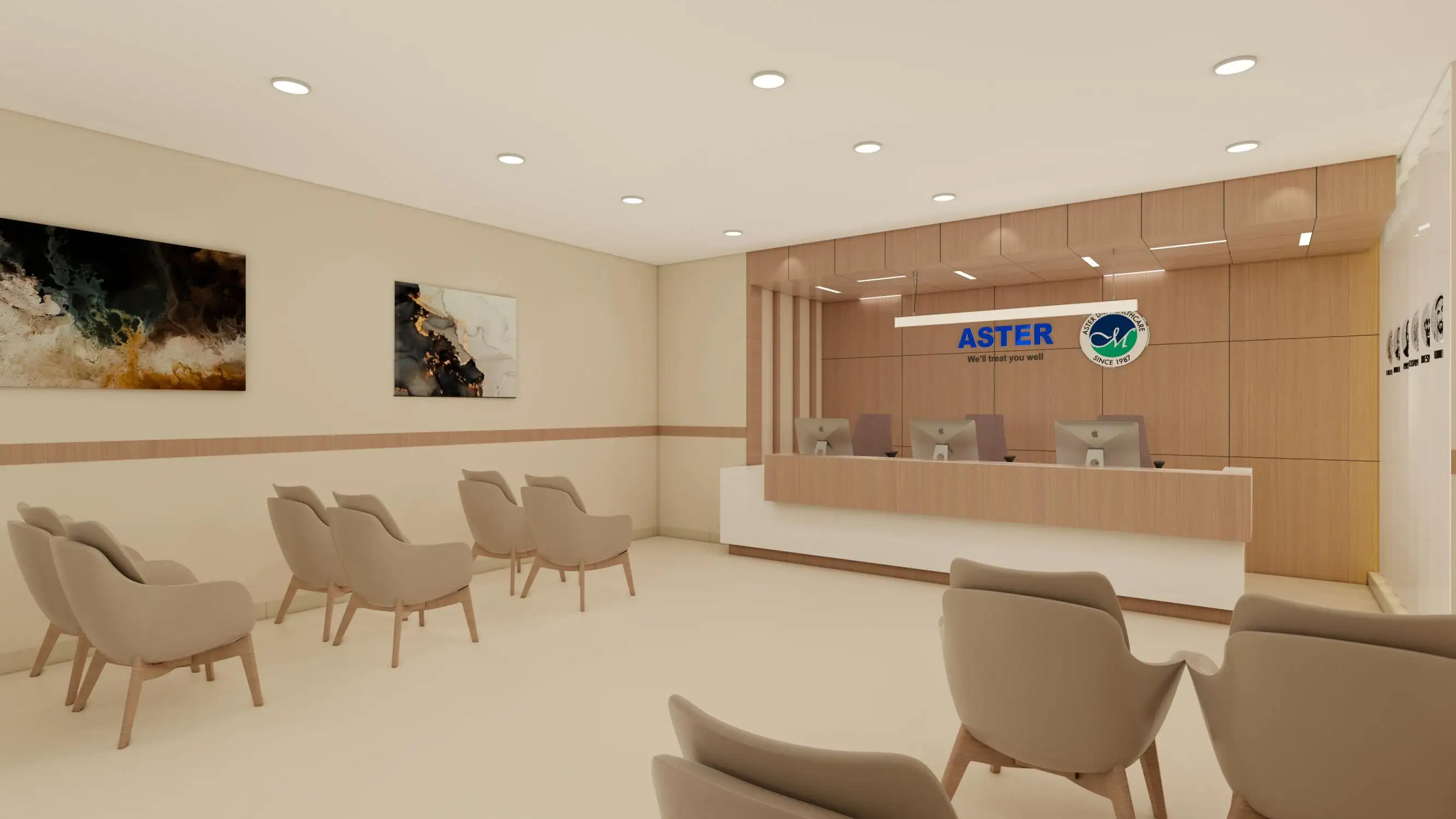 Wide interior view of Aster Clinic Al Qusais showing reception and seating area designed by Design Divine
