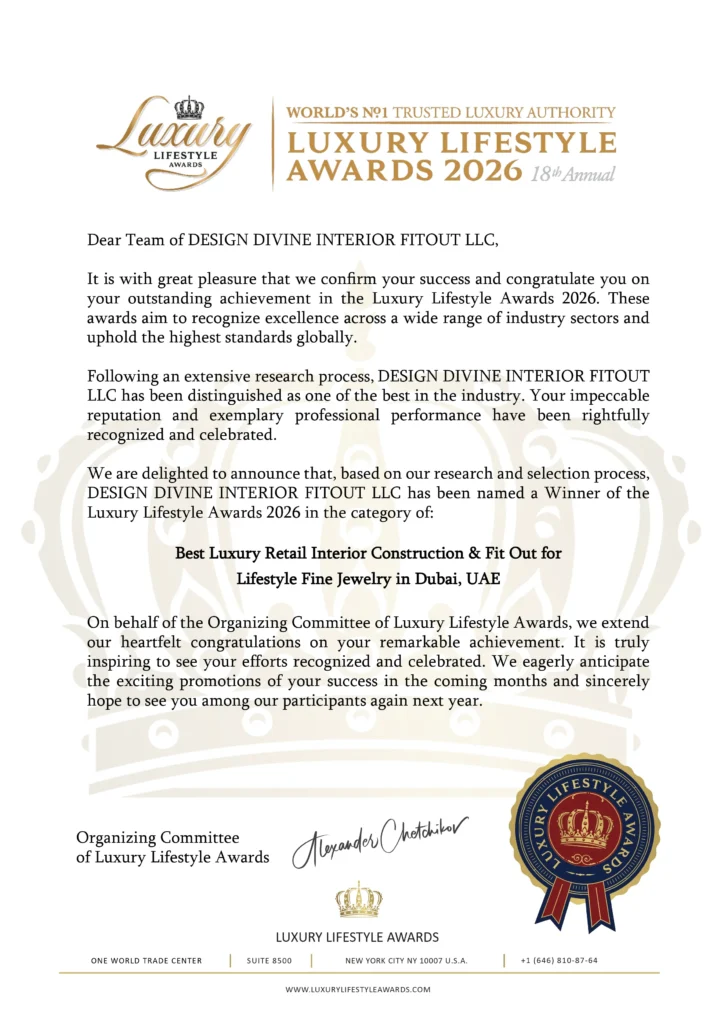 Design Divine Luxury Lifestyle Awards 2026 winner certificate - Dubai, UAE