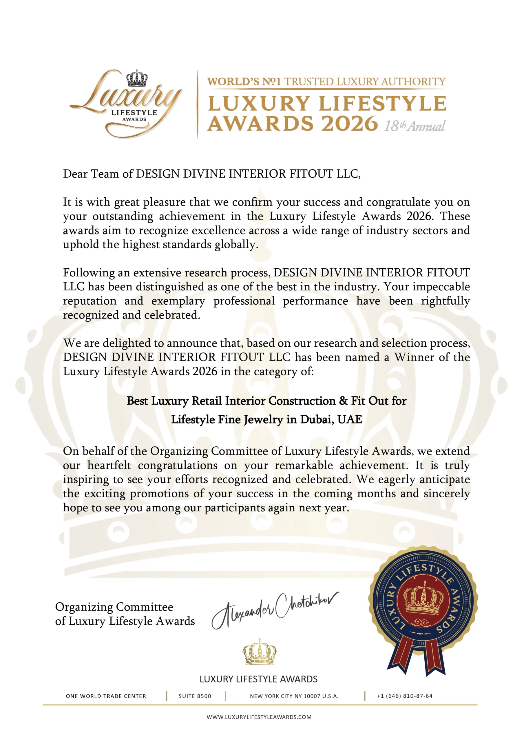 Design Divine Luxury Lifestyle Awards 2026 winner certificate - Dubai, UAE