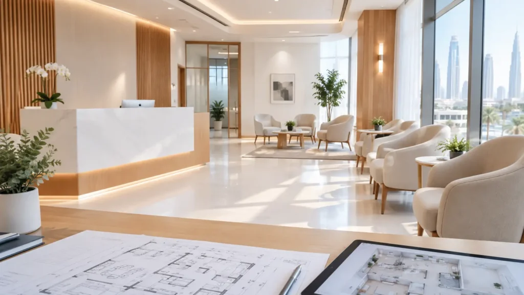 Modern clinic reception and waiting area in Dubai representing interior fit-out cost planning